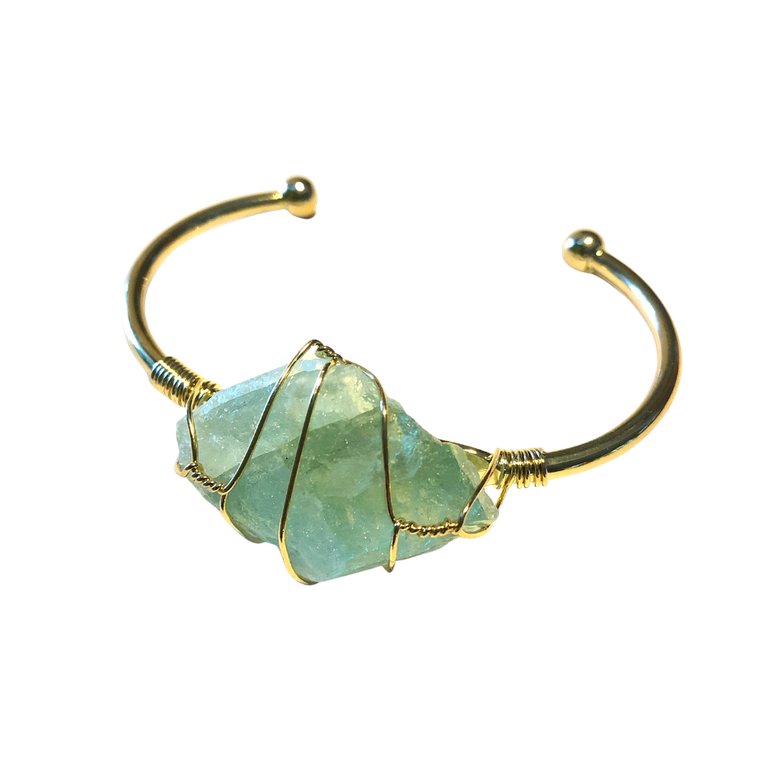 Green Fluorite Rough Gemstone Gold Bangle Cuff Bracelet 