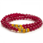 Fuchsia Agate 6mm Beads with Yellow Agate and Crystal Accent Beads, Triple Wrap Elastic Gemstone Bracelet