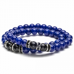 Lapis Beads with Black Agate and Black & Silver Accent Beads Double Wrap Elastic Gemstone Bracelet
